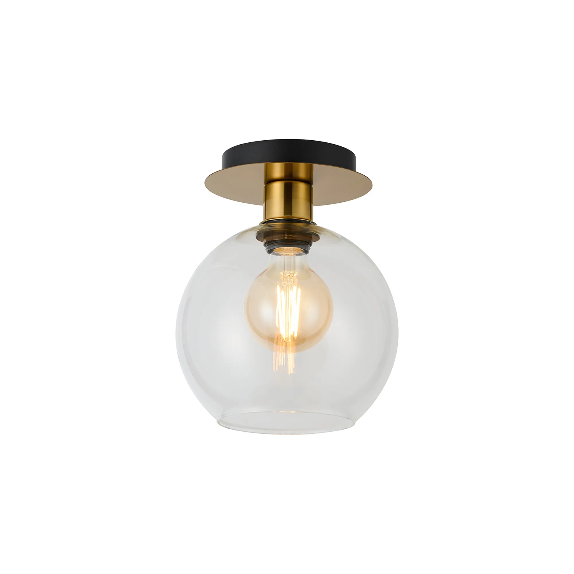 DK1238  Lori 15cm Round Ceiling Flush, 1 Light Flush Fitting E27, Antique Gold/Clear Open Mouth Round Globe Shades